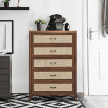 Load image into Gallery viewer, Dresser Rustic Storage Freestanding Wooden Cabinet with 5 Rattan Drawers-Walnut