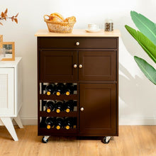 Load image into Gallery viewer, Kitchen Cart with Rubber Wood Top 3 Tier Wine Racks 2 Cabinets-Brown