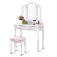 Load image into Gallery viewer, Tri Folding Mirror Vanity Table Stool Set w/ 4 Drawers and Cushioned Stool-White