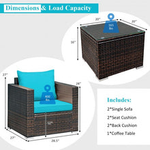 Load image into Gallery viewer, 3 Pcs Patio Conversation Rattan Furniture Set with Cushion-Turquoise