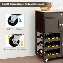 Load image into Gallery viewer, Kitchen Cart with Rubber Wood Top 3 Tier Wine Racks 2 Cabinets-Brown