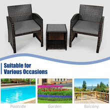 Load image into Gallery viewer, 3 Pieces PE Rattan Wicker Furniture Set with Cushion Sofa Coffee Table for Garden-Gray