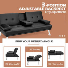 Load image into Gallery viewer, Convertible Folding Leather Futon Sofa with Cup Holders and Armrests-Black