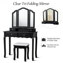 Load image into Gallery viewer, Tri Folding Mirror Vanity Table Stool Set with 4 Drawers-Black