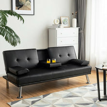 Load image into Gallery viewer, Convertible Folding Leather Futon Sofa with Cup Holders and Armrests-Black