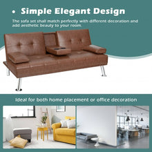 Load image into Gallery viewer, Convertible Folding Leather Futon Sofa with Cup Holders and Armrests-Brown