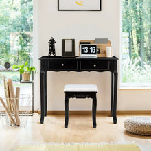 Load image into Gallery viewer, Tri Folding Mirror Vanity Table Stool Set with 4 Drawers-Black