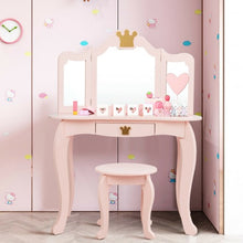 Load image into Gallery viewer, Kids Makeup Dressing Table with Tri-folding Mirror and Stool-Pink