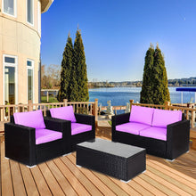 Load image into Gallery viewer, 4PC Rattan Patio Furniture Set Outdoor Wicker With Blue Cushion-Purple