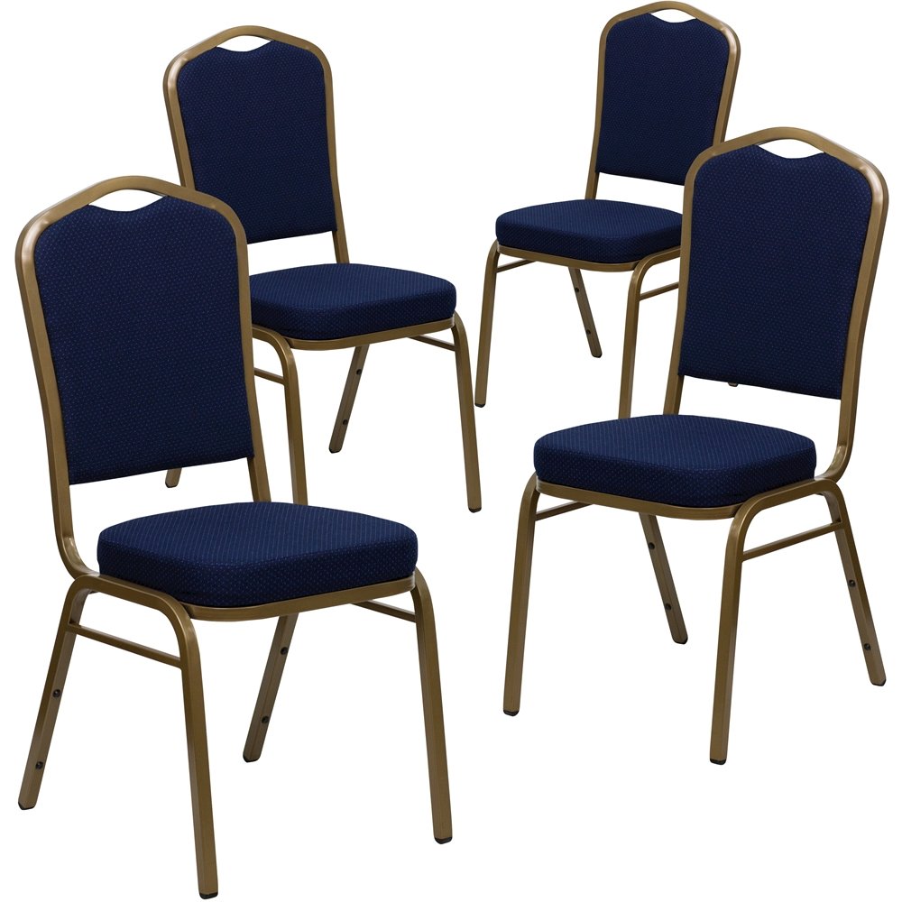 4 Pk. Stacking Chair with Navy Blue Patterned Fabric - Gold Frame