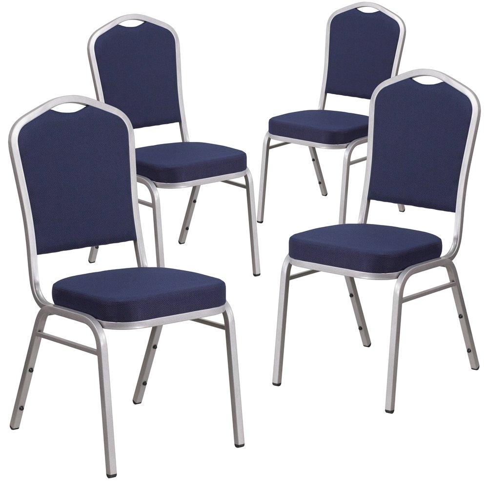4 Pk. Crown Back Stacking Chair with Navy Fabric - Silver Frame