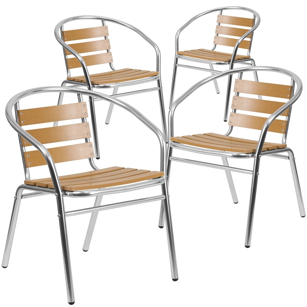4 Pk. Aluminum Commercial Stack Chair with Triple Slat Faux Teak Back