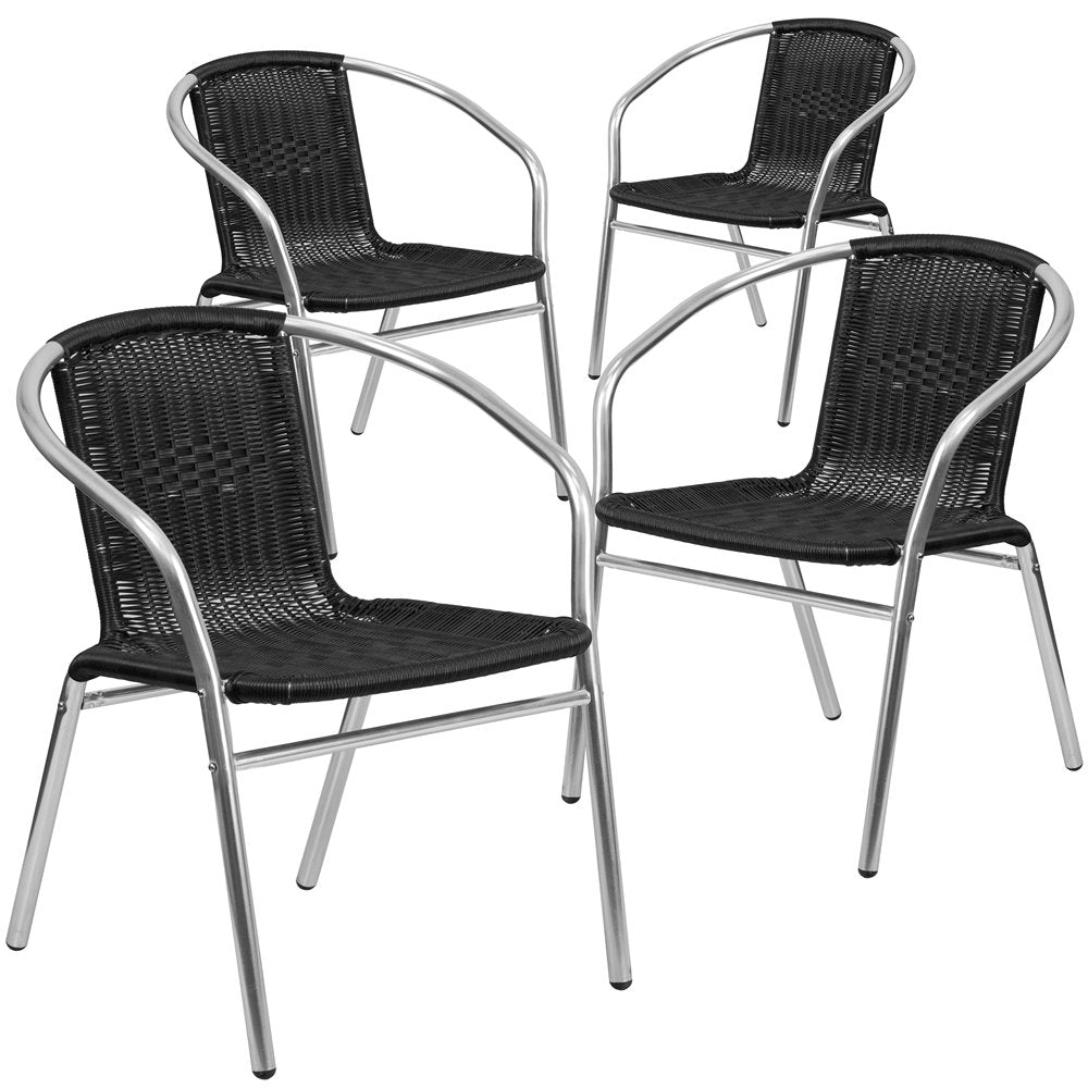 4 Pk. Aluminum and Black Rattan Commercial Indoor-Outdoor Restaurant Stack Chair