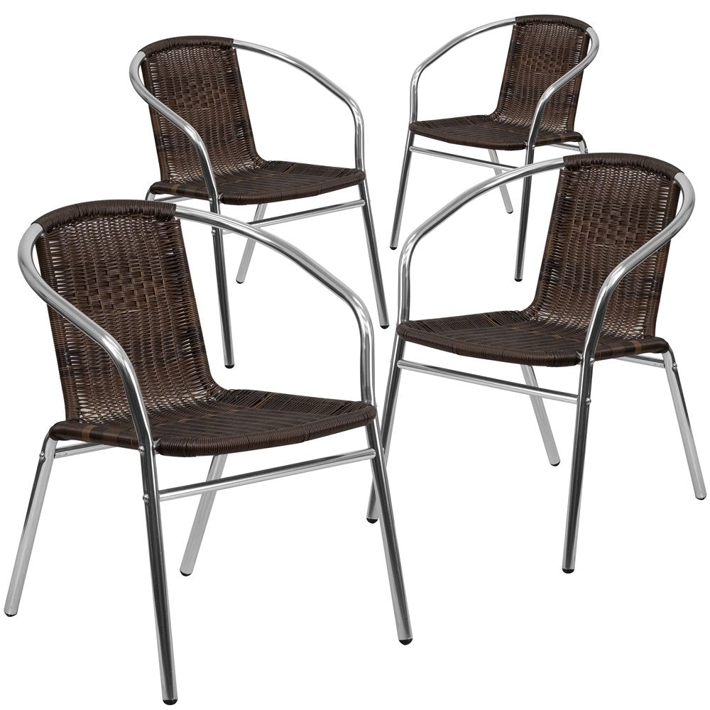 4 Pk. Aluminum and Dark Brown Rattan Commercial Indoor-Outdoor Stack Chair