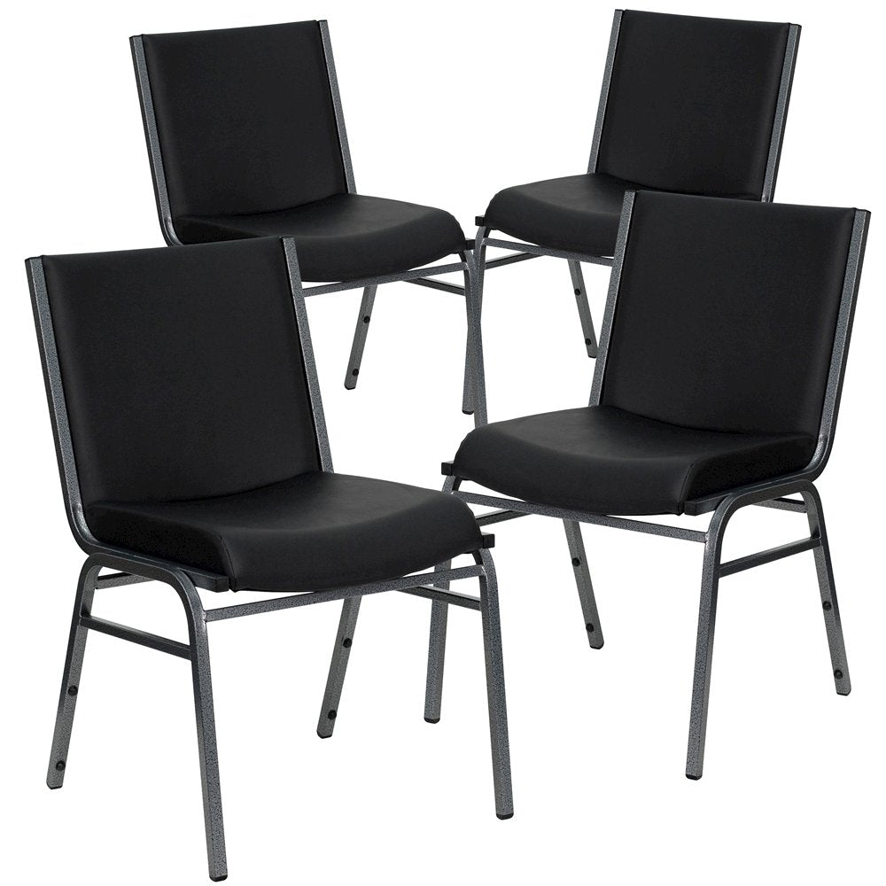 4 Pk. Heavy Duty, 3'' Thickly Padded, Black Vinyl Upholstered Stack Chair
