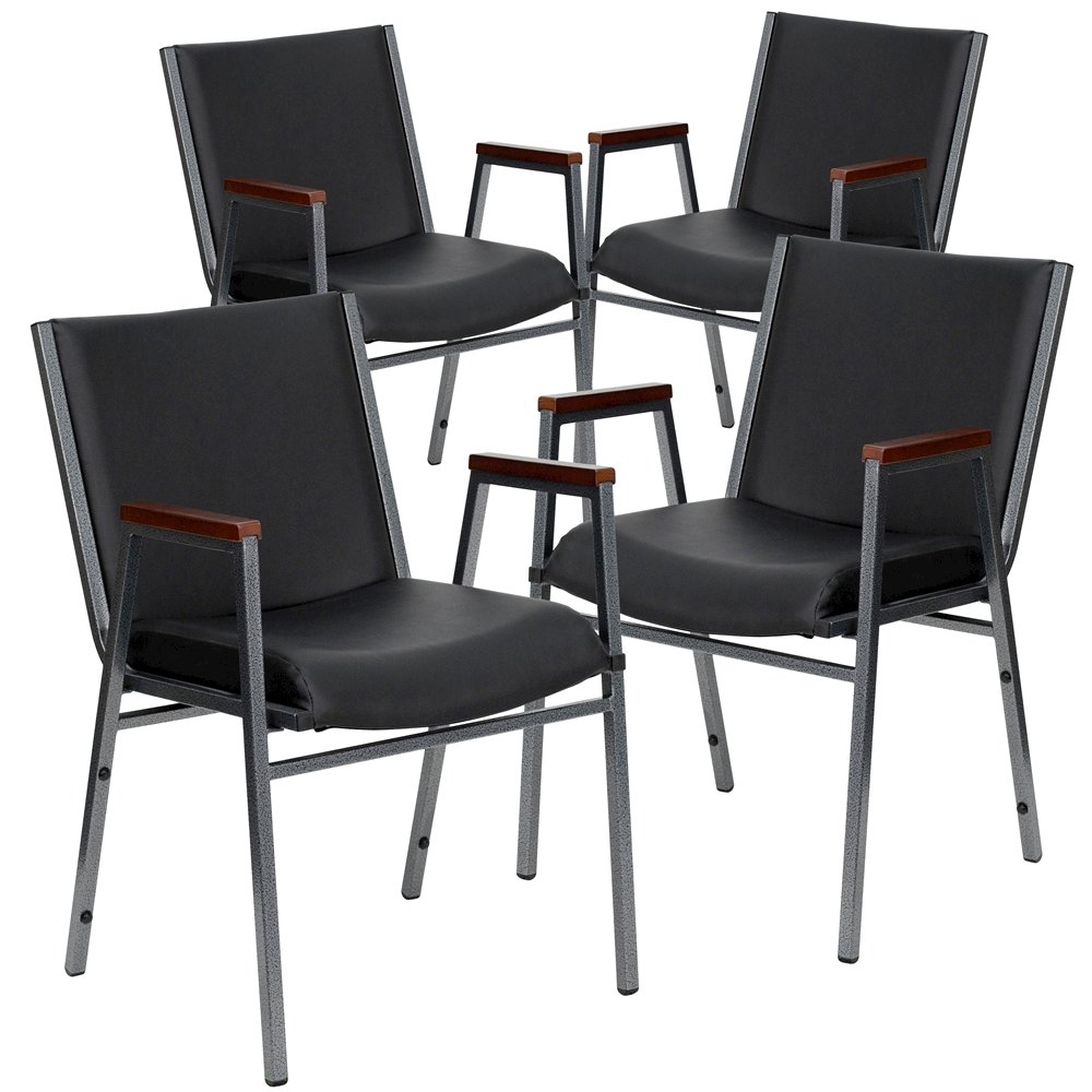 4 Pk. 3'' Thickly Padded, Black Vinyl Upholstered Stack Chair with Arms