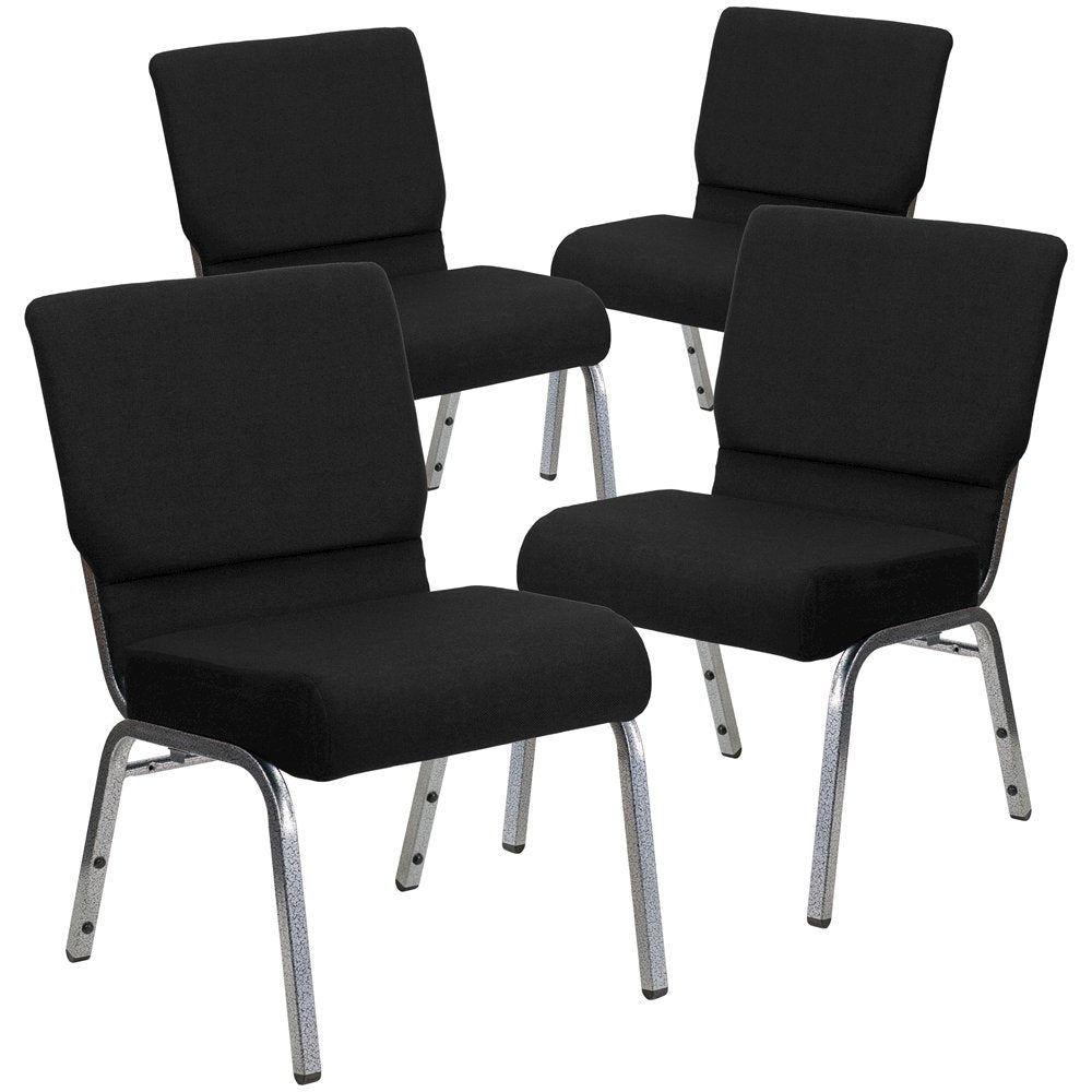4 Pk. 21'' Black Fabric Stacking Church Chair - Silver Vein Frame