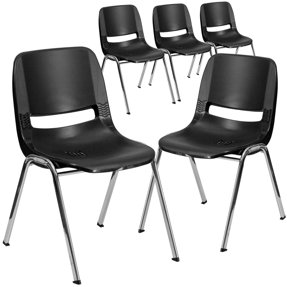 5 Pk. 661 lb. Capacity Black Ergonomic Shell Stack Chair with Chrome Frame