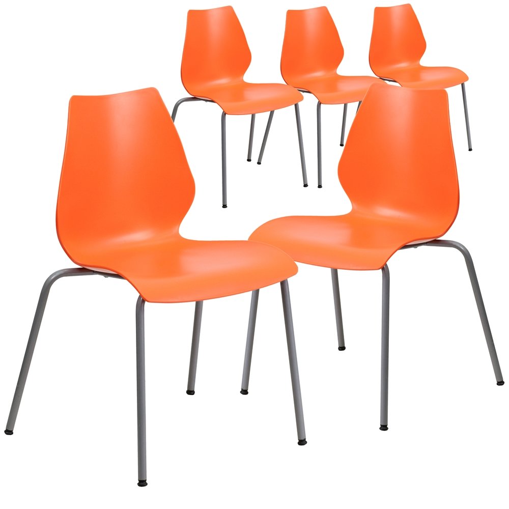 5 Pk. 770 lb. Capacity Orange Stack Chair with Lumbar Support and Silver Frame