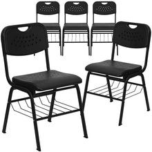 Load image into Gallery viewer, 5 Pk. 880 lb. Capacity Black Plastic Chair with Black Frame and Book Basket
