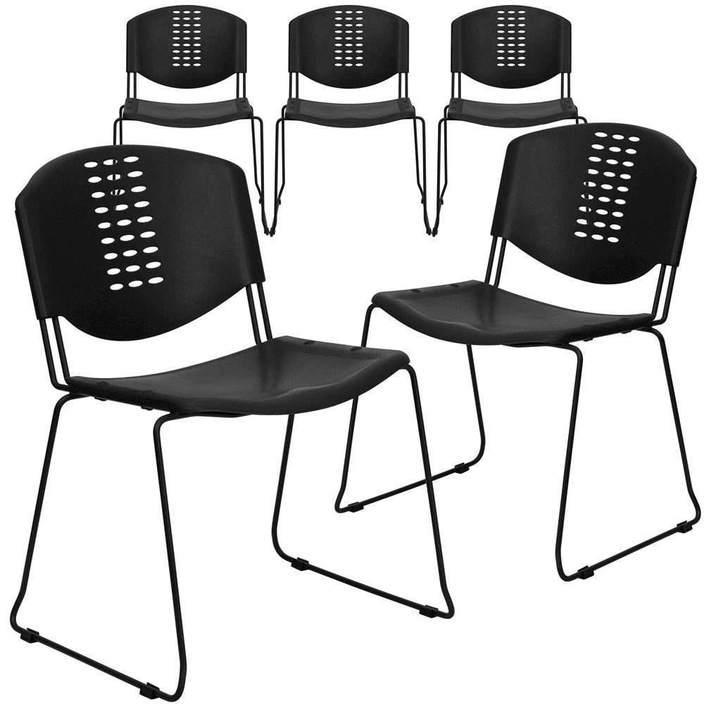 5 Pk. 400 lb. Capacity Black Plastic Stack Chair with Black Frame