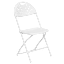 Load image into Gallery viewer, 2 Pack 650 lb. Capacity White Plastic Fan Back Folding Chair

