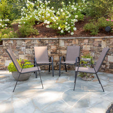 Load image into Gallery viewer, 4 Pack Brown Outdoor Stack Chair with Flex Comfort Material and Metal Frame
