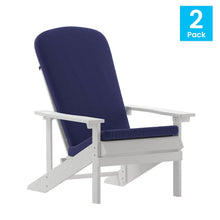 Load image into Gallery viewer, Set of 2 Adirondack Chairs in White with Blue Cushions, Porch, and Patio
