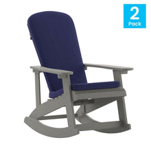 Load image into Gallery viewer, Set of 2 Adirondack Rocking Chairs in Gray with Blue Cushions, Porch, and Patio
