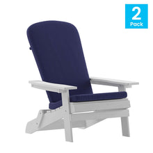 Load image into Gallery viewer, Set of 2Folding Adirondack Chairs in White with Blue Cushions, Porch, and Patio
