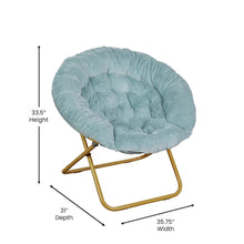 Load image into Gallery viewer, 38" Portable Folding Saucer Moon Chair, Dusty Aqua Faux Fur/Soft Gold Frame
