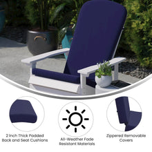 Load image into Gallery viewer, Set of 2 Adirondack Chairs in White with Blue Cushions, Porch, and Patio
