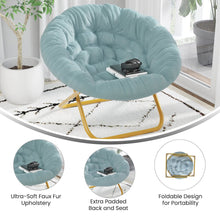 Load image into Gallery viewer, 38" Portable Folding Saucer Moon Chair, Dusty Aqua Faux Fur/Soft Gold Frame
