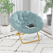 Load image into Gallery viewer, 38" Portable Folding Saucer Moon Chair, Dusty Aqua Faux Fur/Soft Gold Frame
