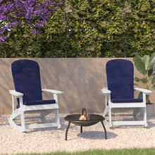 Load image into Gallery viewer, Set of 2 Adirondack Rocking Chairs in White with Blue Cushions, Porch, and Patio
