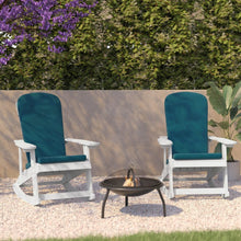 Load image into Gallery viewer, Set of 2 Adirondack Rocking Chairs in White with Teal Cushions, Porch, and Patio
