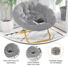 Load image into Gallery viewer, 38&quot; Portable Faux Fur Folding Saucer Moon Chair, Gray Faux Fur/Soft Gold Frame
