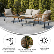 Load image into Gallery viewer, 4 Piece Rope Patio Conversation Set with Coffee Table and Gray Cushions, Natural
