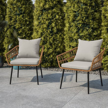 Load image into Gallery viewer, Set of 2 Boho Rope Rattan Wicker Patio Chairs with Gray Cushions, Natural
