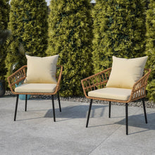 Load image into Gallery viewer, Set of 2 Boho Rope Rattan Wicker Patio Chairs with Cream Cushions, Natural
