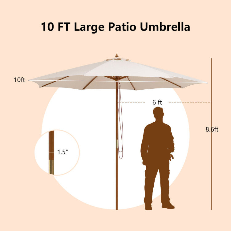 10 Feet Patio Umbrella with 8 Wooden Ribs and 3 Adjustable Heights-Beige  NP10752BE