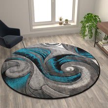 Load image into Gallery viewer, 8' x 8' Round Olefin Turquoise Ocean Waves Pattern Area Rug with Jute Backing
