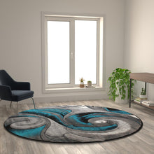 Load image into Gallery viewer, 8' x 8' Round Olefin Turquoise Ocean Waves Pattern Area Rug with Jute Backing
