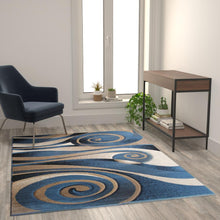 Load image into Gallery viewer, 5' x 7' Circular Area Rug - Blue and Beige Olefin Fibers with Jute Backing
