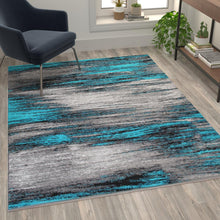 Load image into Gallery viewer, 5' x 7' Turquoise Scraped Design Area Rug - Olefin Rug with Jute Backing
