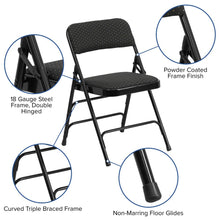 Load image into Gallery viewer, HERCULES Series Curved Triple Braced &amp; Double Hinged Black Patterned Fabric Metal Folding Chair
