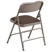 Load image into Gallery viewer, HERCULES Series Curved Triple Braced &amp; Double Hinged Brown Patterned Fabric Metal Folding Chair
