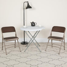 Load image into Gallery viewer, HERCULES Series Curved Triple Braced &amp; Double Hinged Brown Patterned Fabric Metal Folding Chair
