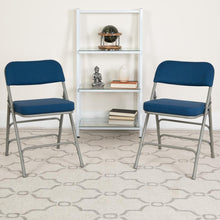 Load image into Gallery viewer, HERCULES Series Premium Curved Triple Braced &amp; Double Hinged - Navy Fabric Metal Folding Chair
