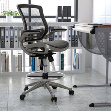 Load image into Gallery viewer, Mid-Back Black Mesh Drafting Chair with Graphite Silver Frame and Flip-Up Arms
